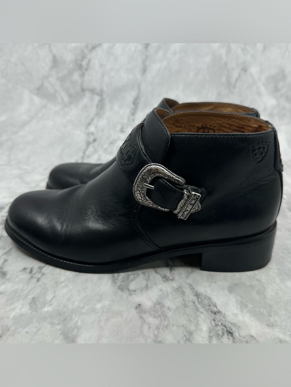 Ariat Black Leather Ankle Boots with Decorative Silver Buckle